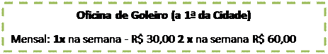 Caixa de texto: Oficina de Goleiro (a 1ª da Cidade)  Mensal: 1x na semana - R$ 30,00 2 x na semana R$ 60,00